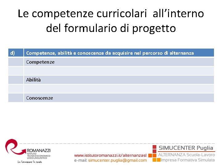 Le competenze curricolari all’interno del formulario di progetto d) Competenze, abilità e conoscenze da