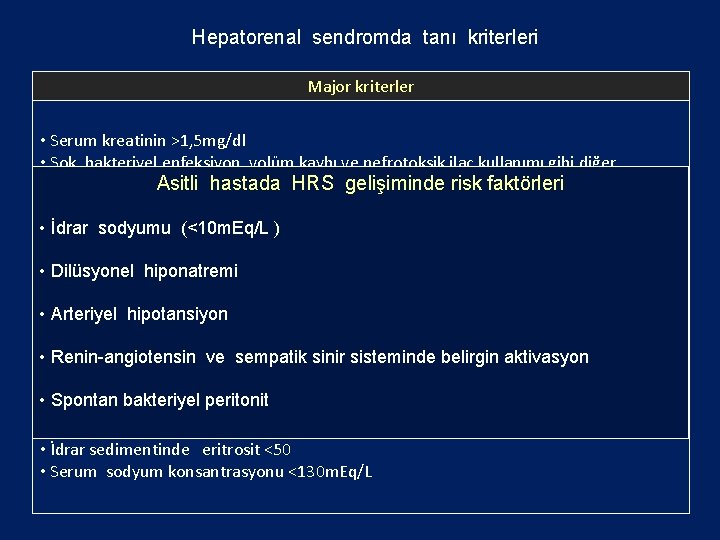 Hepatorenal sendromda tanı kriterleri Major kriterler • Serum kreatinin >1, 5 mg/dl • Şok,