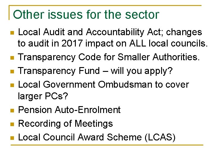 Other issues for the sector n n n n Local Audit and Accountability Act;