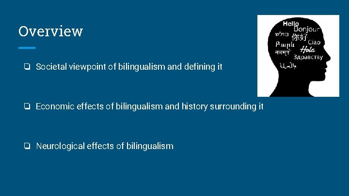 Overview ❏ Societal viewpoint of bilingualism and defining it ❏ Economic effects of bilingualism