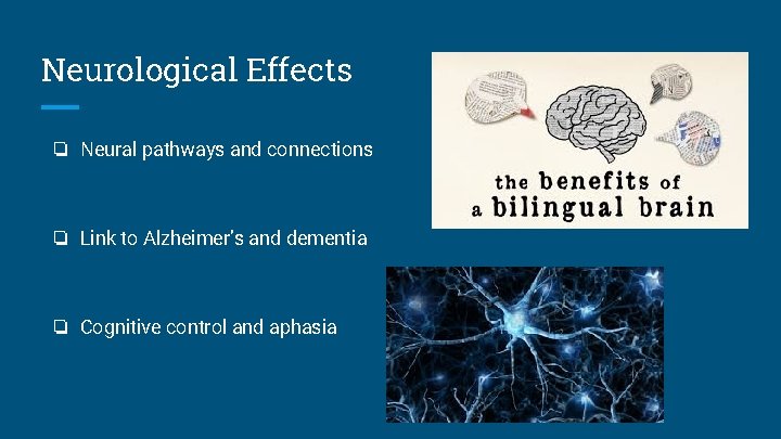 Neurological Effects ❏ Neural pathways and connections ❏ Link to Alzheimer’s and dementia ❏