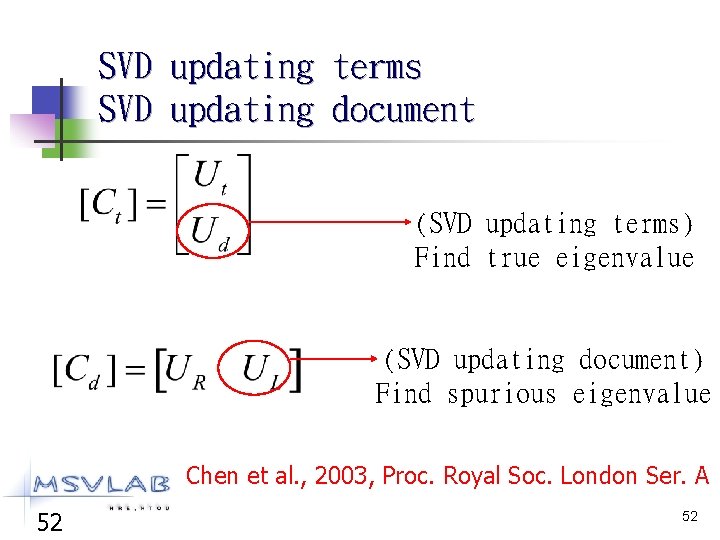 SVD updating terms SVD updating document (SVD updating terms) Find true eigenvalue (SVD updating