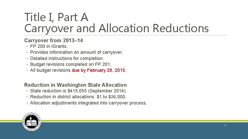 Title I, Part A Carryover and Allocation Reductions Carryover from 2013– 14 ◦ ◦