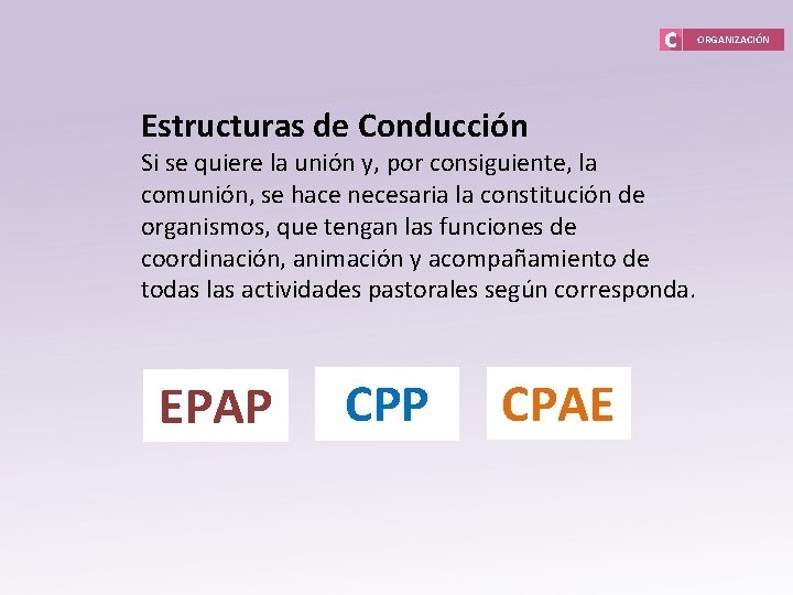 ORGANIZACIÓN Estructuras de Conducción Si se quiere la unión y, por consiguiente, la comunión,