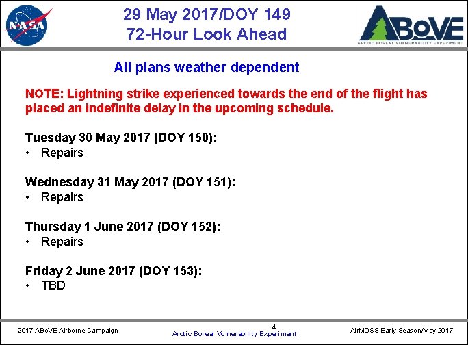 29 May 2017/DOY 149 72 -Hour Look Ahead CARVE All plans weather dependent NOTE: