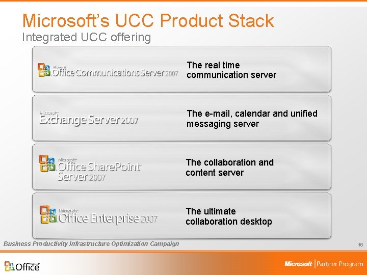 Microsoft’s UCC Product Stack Integrated UCC offering The real time communication server The e-mail,
