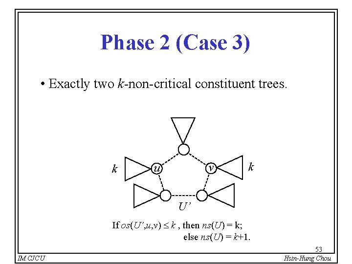 Phase 2 (Case 3) • Exactly two k-non-critical constituent trees. k v u k