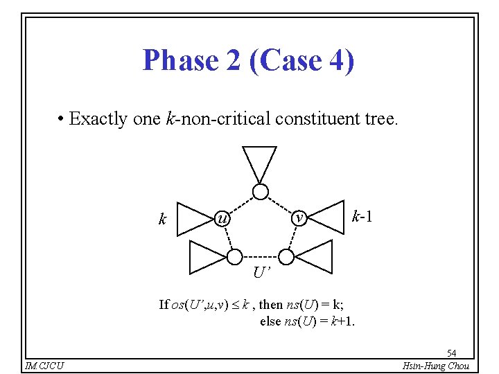 Phase 2 (Case 4) • Exactly one k-non-critical constituent tree. k v u k-1