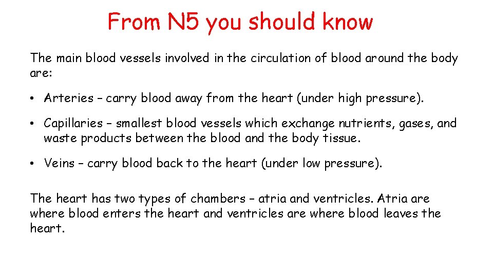 From N 5 you should know The main blood vessels involved in the circulation