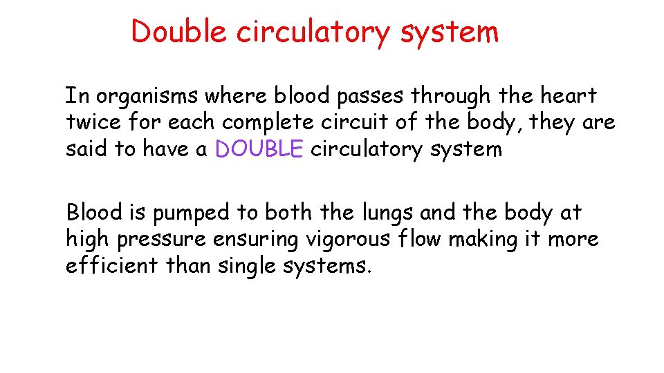 Double circulatory system In organisms where blood passes through the heart twice for each Double circulatory system In organisms where blood passes through the heart twice for each