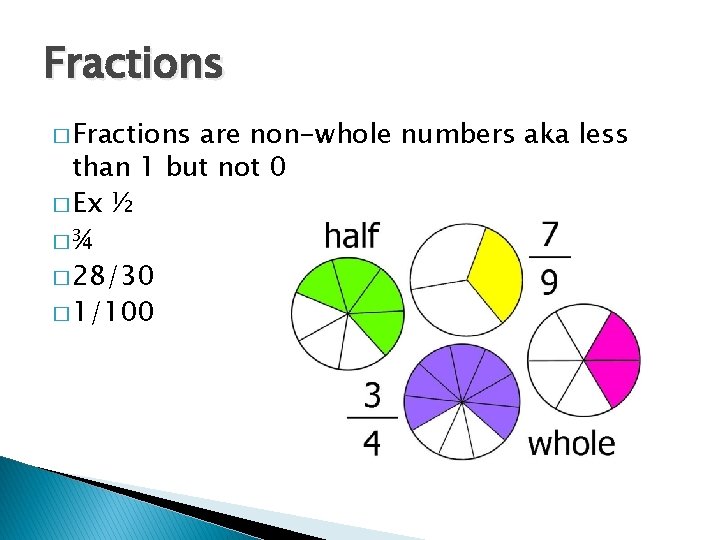 Fractions � Fractions are non-whole numbers aka less than 1 but not 0 �