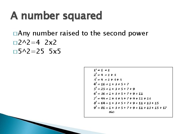 A number squared � Any number raised to the second power � 2^2=4 2