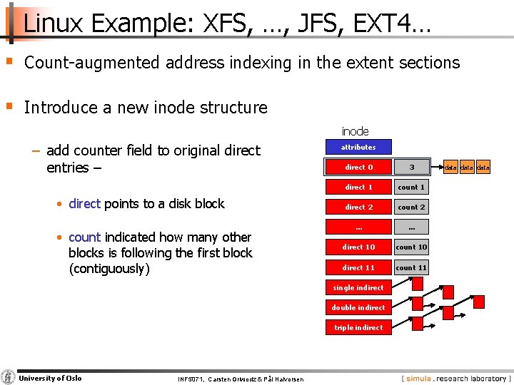 Linux Example: XFS, …, JFS, EXT 4… § Count augmented address indexing in the