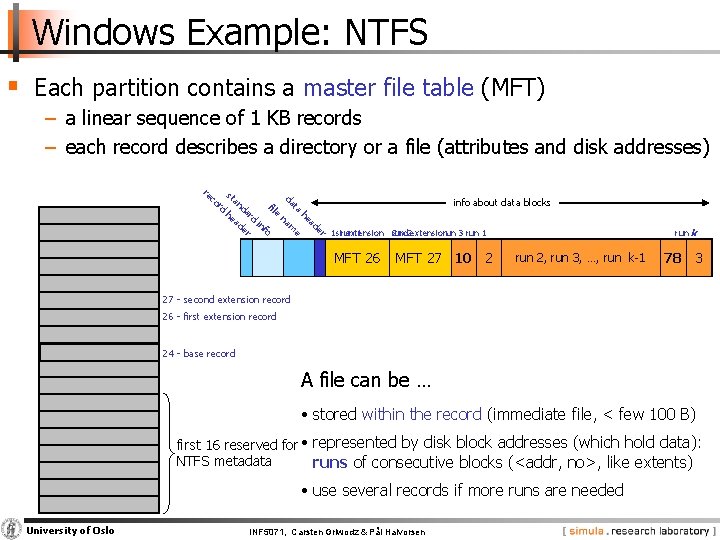 Windows Example: NTFS § Each partition contains a master file table (MFT) − a