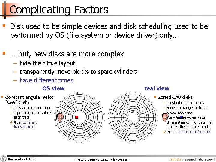 Complicating Factors § Disk used to be simple devices and disk scheduling used to