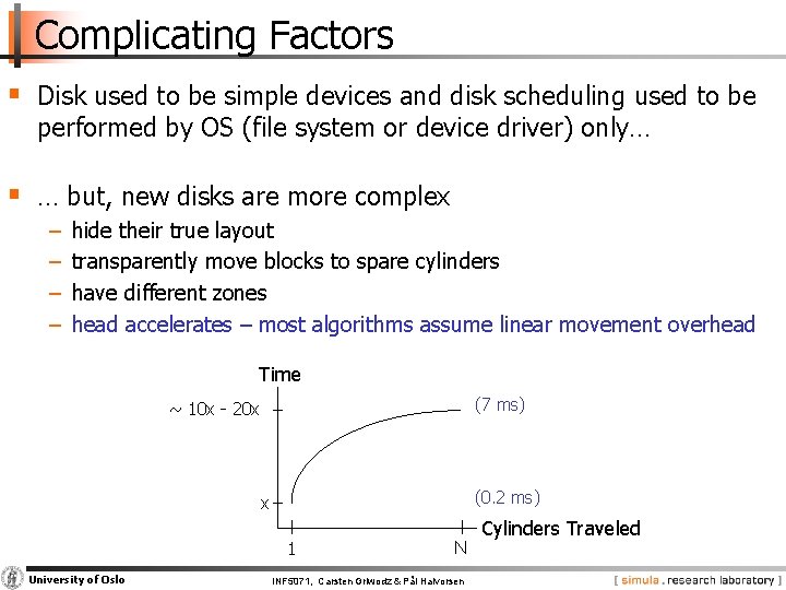 Complicating Factors § Disk used to be simple devices and disk scheduling used to