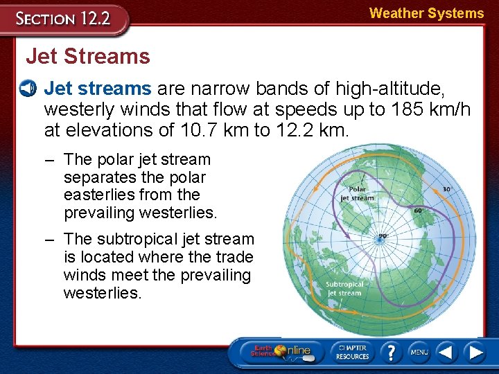 Weather Systems Jet Streams • Jet streams are narrow bands of high-altitude, westerly winds