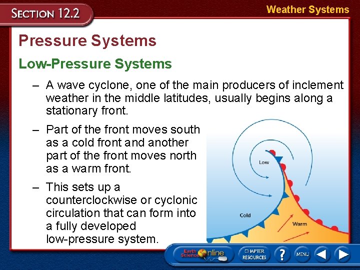 Weather Systems Pressure Systems Low-Pressure Systems – A wave cyclone, one of the main