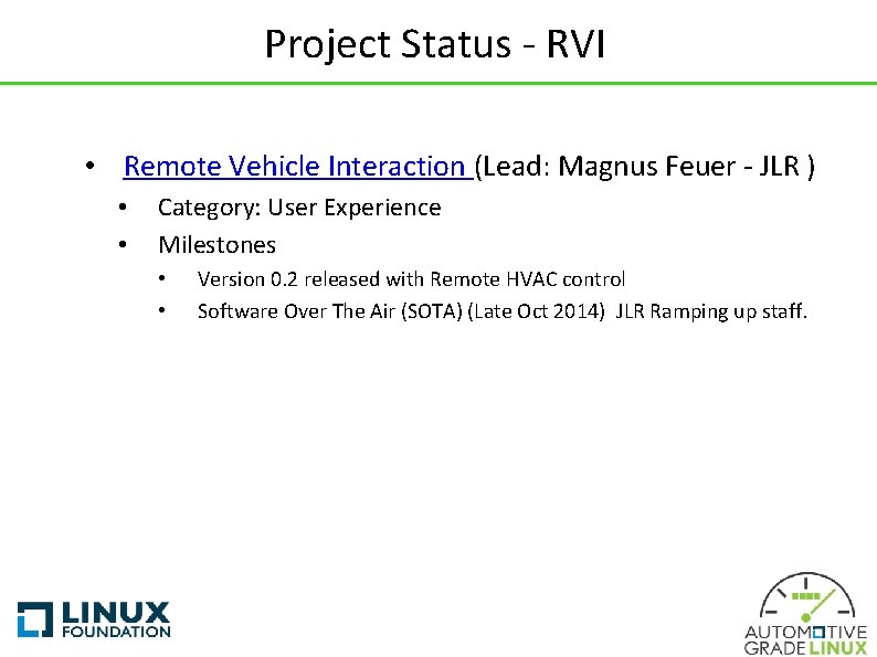 Project Status - RVI • Remote Vehicle Interaction (Lead: Magnus Feuer - JLR )