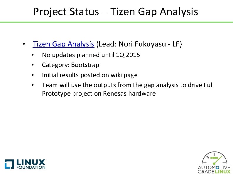 Project Status – Tizen Gap Analysis • Tizen Gap Analysis (Lead: Nori Fukuyasu -