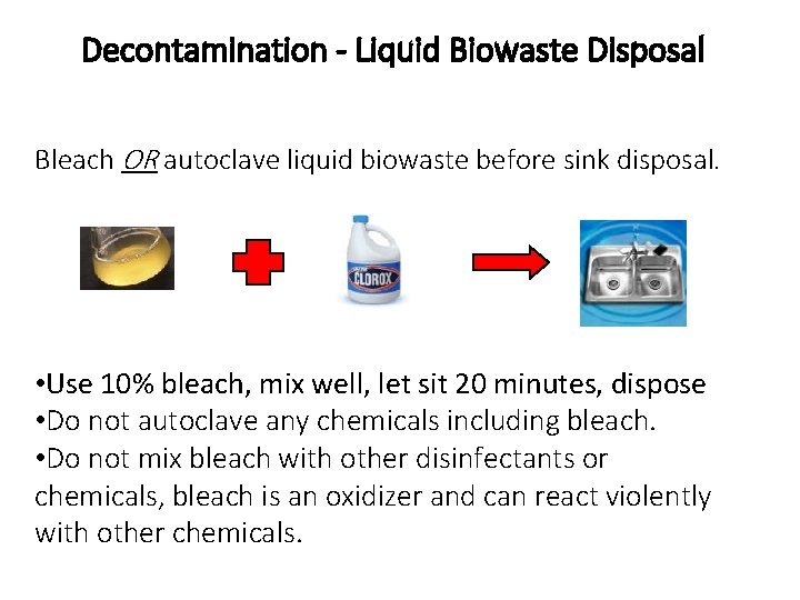 Decontamination - Liquid Biowaste Disposal Bleach OR autoclave liquid biowaste before sink disposal. •
