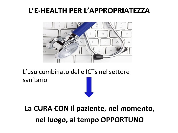 L’E-HEALTH PER L’APPROPRIATEZZA L’uso combinato delle ICTs nel settore sanitario La CURA CON il