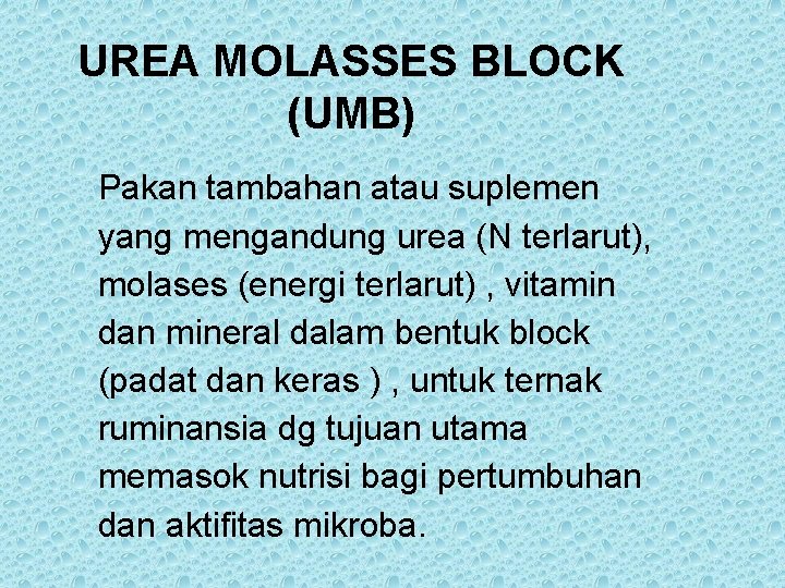 UREA MOLASSES BLOCK (UMB) Pakan tambahan atau suplemen yang mengandung urea (N terlarut), molases