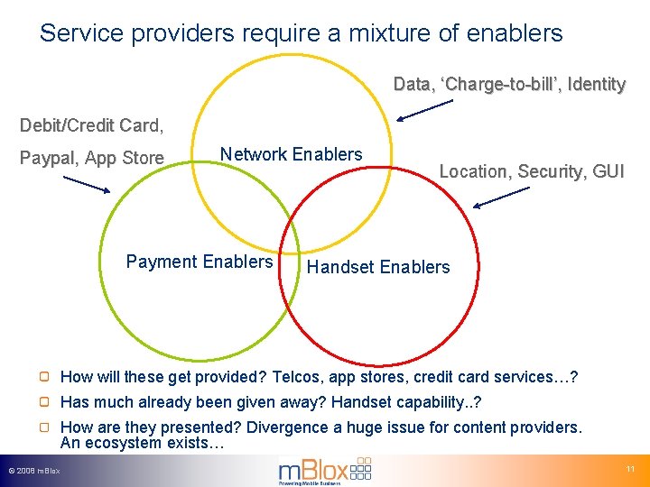 Service providers require a mixture of enablers Data, ‘Charge-to-bill’, Identity Debit/Credit Card, Paypal, App
