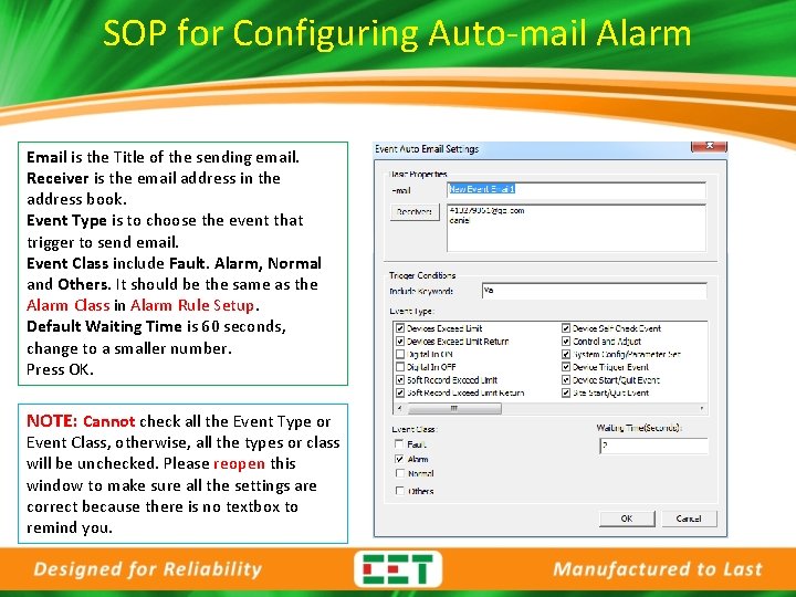 SOP for Configuring Auto-mail Alarm Email is the Title of the sending email. Receiver