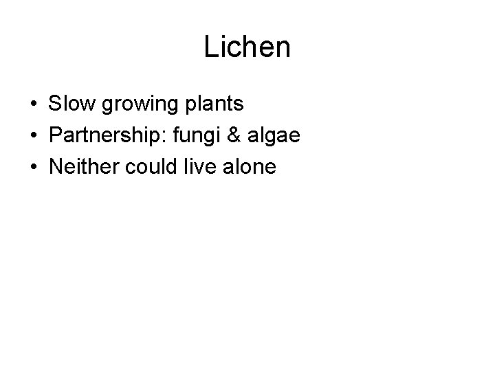 Lichen • Slow growing plants • Partnership: fungi & algae • Neither could live