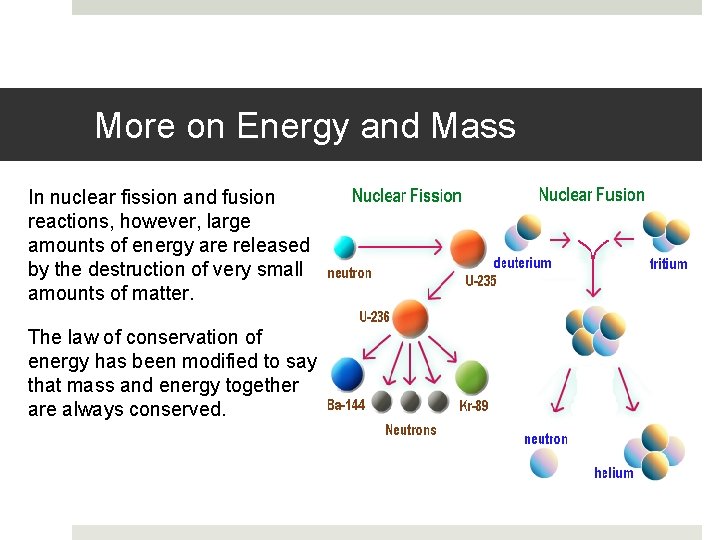 More on Energy and Mass In nuclear fission and fusion reactions, however, large amounts