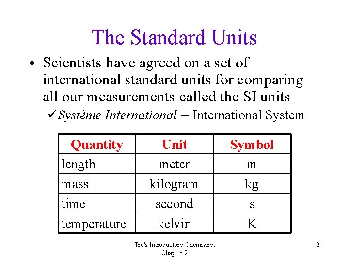 The Standard Units • Scientists have agreed on a set of international standard units