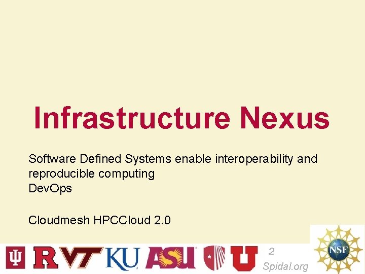 Infrastructure Nexus Software Defined Systems enable interoperability and reproducible computing Dev. Ops Cloudmesh HPCCloud