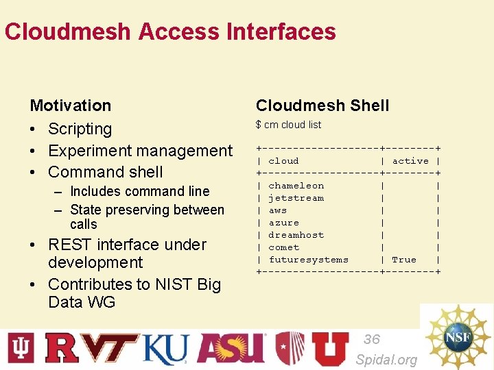 Cloudmesh Access Interfaces Motivation • Scripting • Experiment management • Command shell – Includes