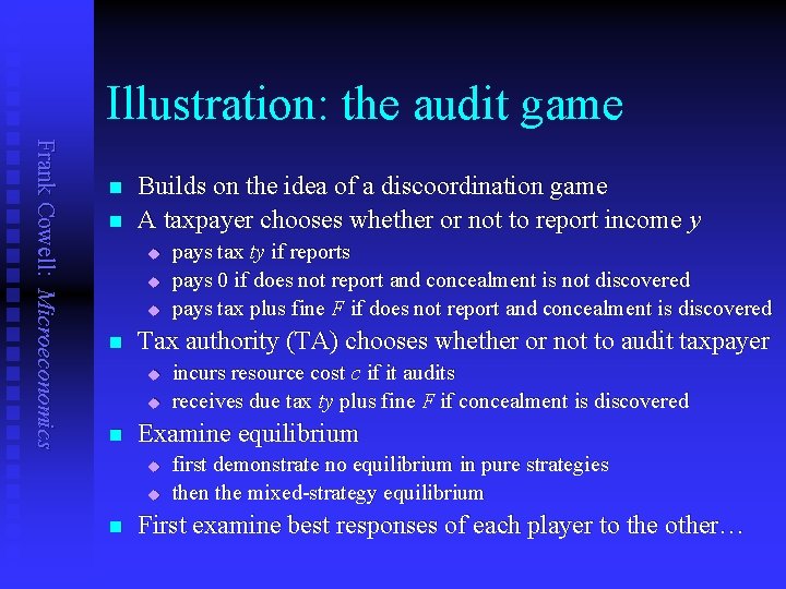 Illustration: the audit game Frank Cowell: Microeconomics n n Builds on the idea of