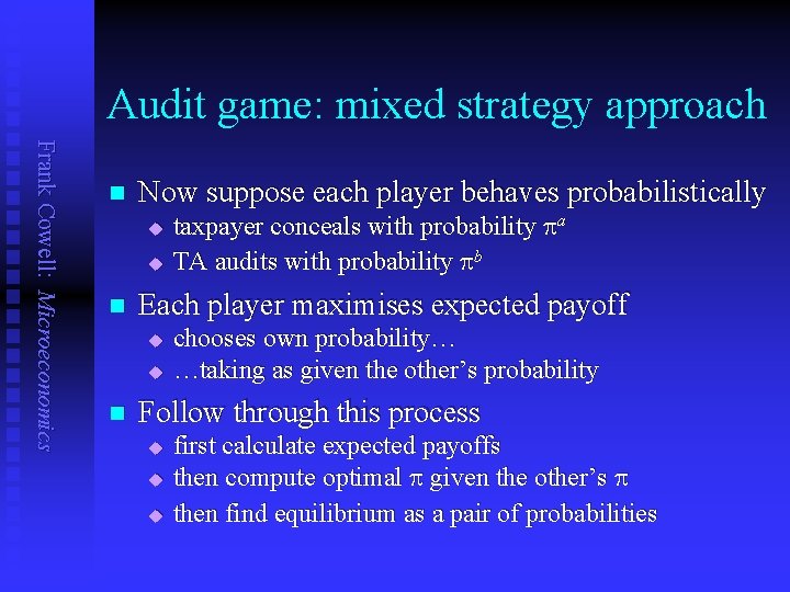 Audit game: mixed strategy approach Frank Cowell: Microeconomics n Now suppose each player behaves