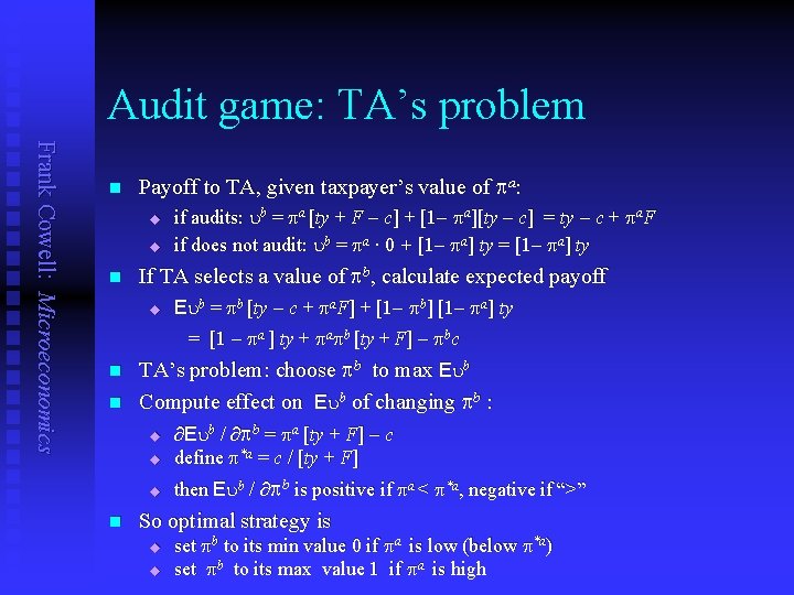Audit game: TA’s problem Frank Cowell: Microeconomics n Payoff to TA, given taxpayer’s value