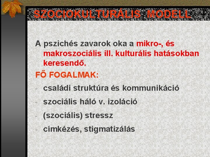 SZOCIOKULTURÁLIS MODELL A pszichés zavarok oka a mikro-, és makroszociális ill. kulturális hatásokban keresendő.