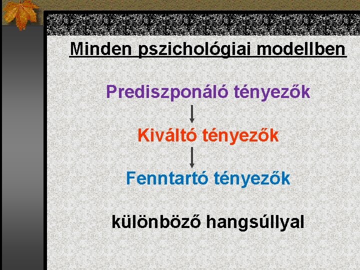 Minden pszichológiai modellben Prediszponáló tényezők Kiváltó tényezők Fenntartó tényezők különböző hangsúllyal 