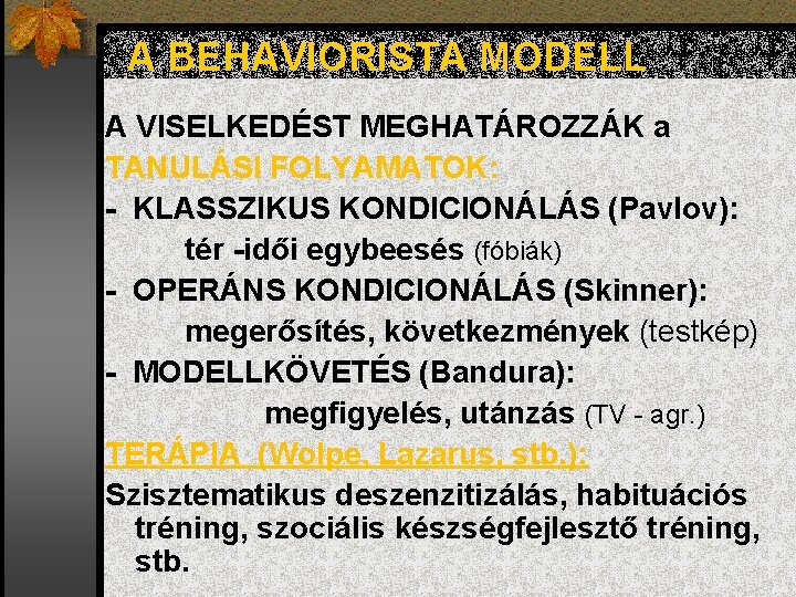 A BEHAVIORISTA MODELL A VISELKEDÉST MEGHATÁROZZÁK a TANULÁSI FOLYAMATOK: - KLASSZIKUS KONDICIONÁLÁS (Pavlov): tér