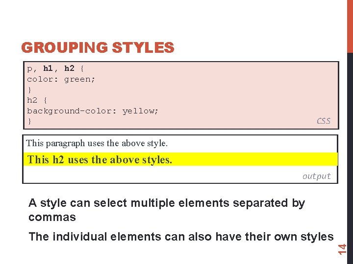 GROUPING STYLES p, h 1, h 2 { color: green; } h 2 {