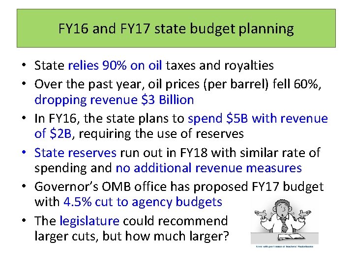 FY 16 and FY 17 state budget planning • State relies 90% on oil