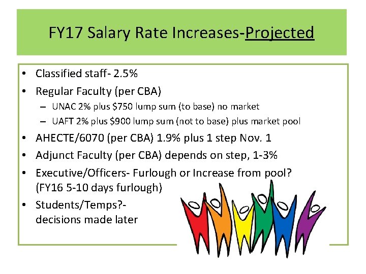FY 17 Salary Rate Increases-Projected • Classified staff- 2. 5% • Regular Faculty (per
