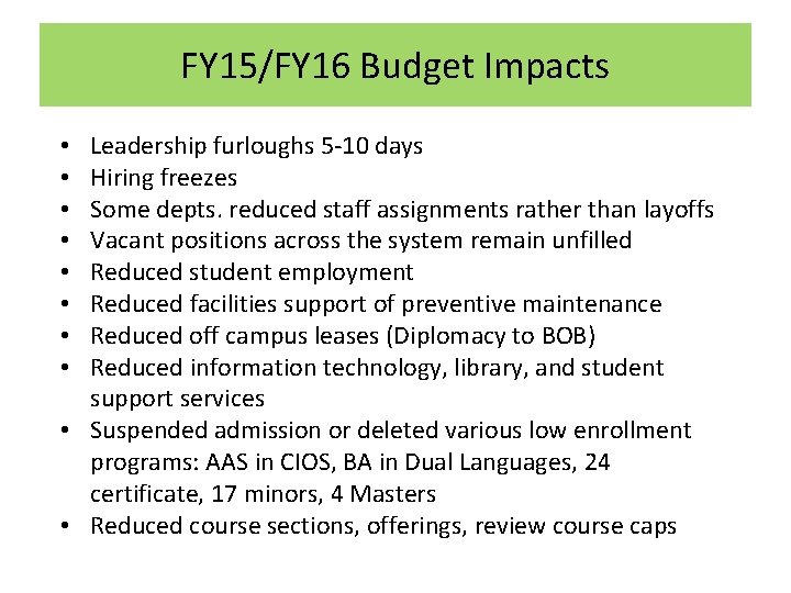 FY 15/FY 16 Budget Impacts Leadership furloughs 5 -10 days Hiring freezes Some depts.