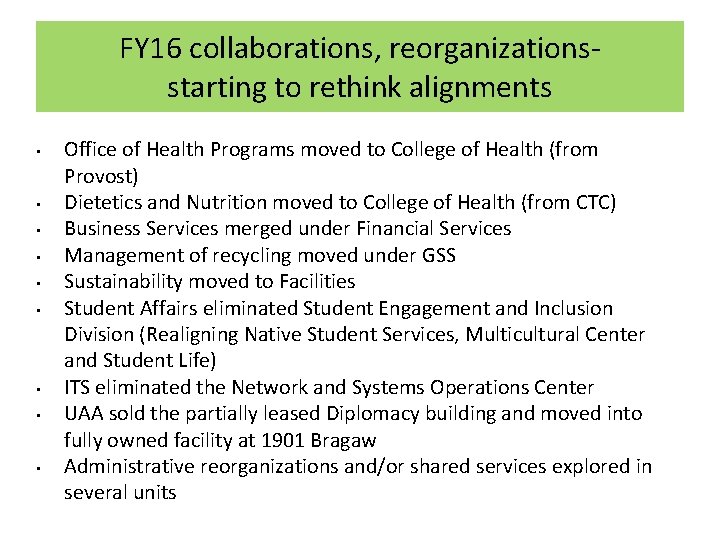FY 16 collaborations, reorganizationsstarting to rethink alignments • • • Office of Health Programs