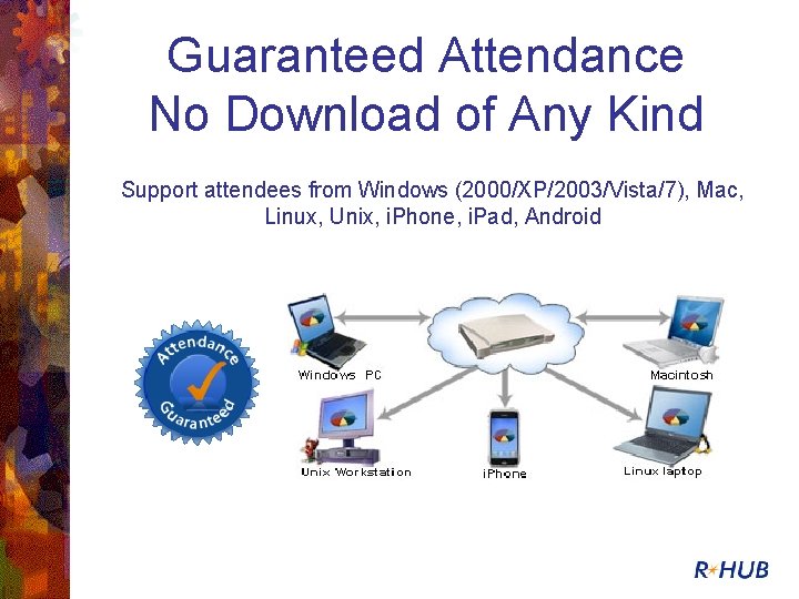 Guaranteed Attendance No Download of Any Kind Support attendees from Windows (2000/XP/2003/Vista/7), Mac, Linux,