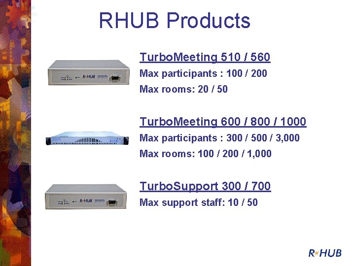 RHUB Products Turbo. Meeting 510 / 560 Max participants : 100 / 200 Max