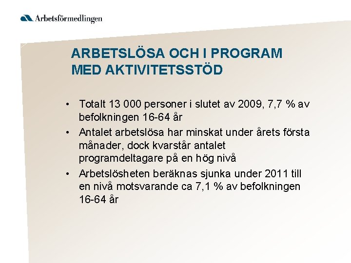 ARBETSLÖSA OCH I PROGRAM MED AKTIVITETSSTÖD • Totalt 13 000 personer i slutet av