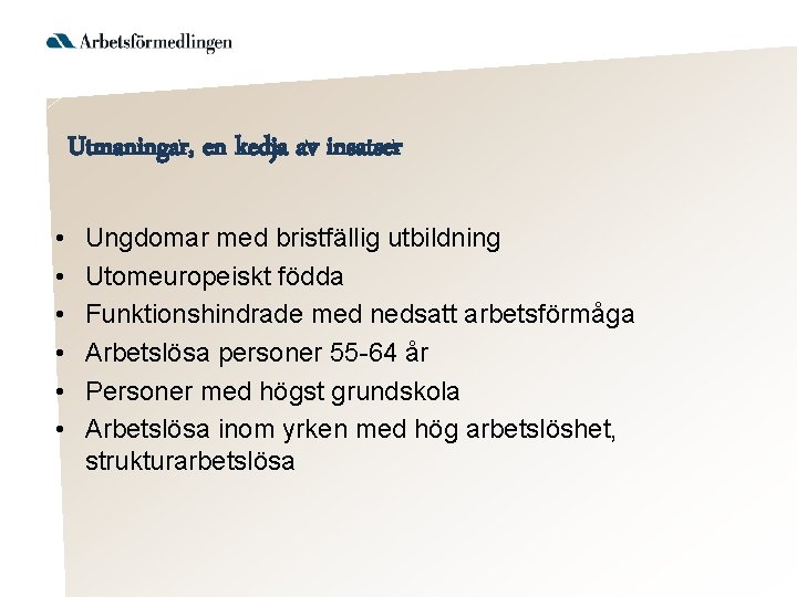 Utmaningar, en kedja av insatser • • • Ungdomar med bristfällig utbildning Utomeuropeiskt födda