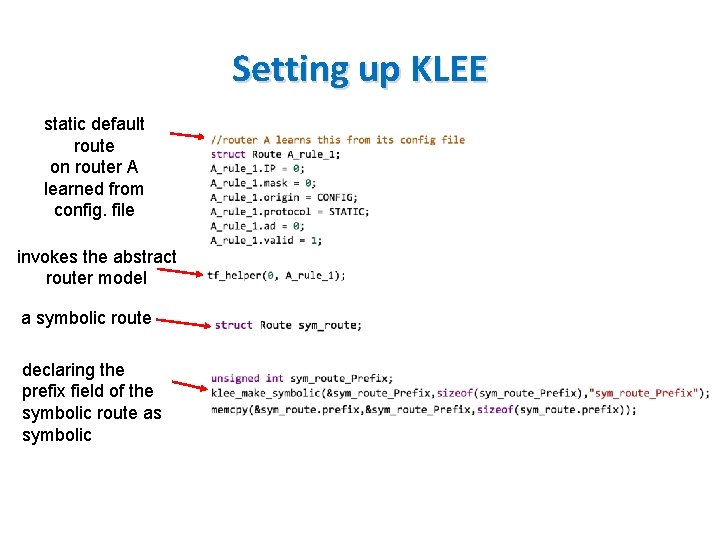 Setting up KLEE static default route on router A learned from config. file invokes